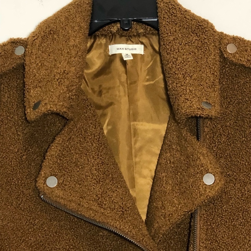 MAX STUDIO Faux Fur Cozy Asymmetrical Moto Zipper Jacket in Cognac size M - Picture 12 of 13